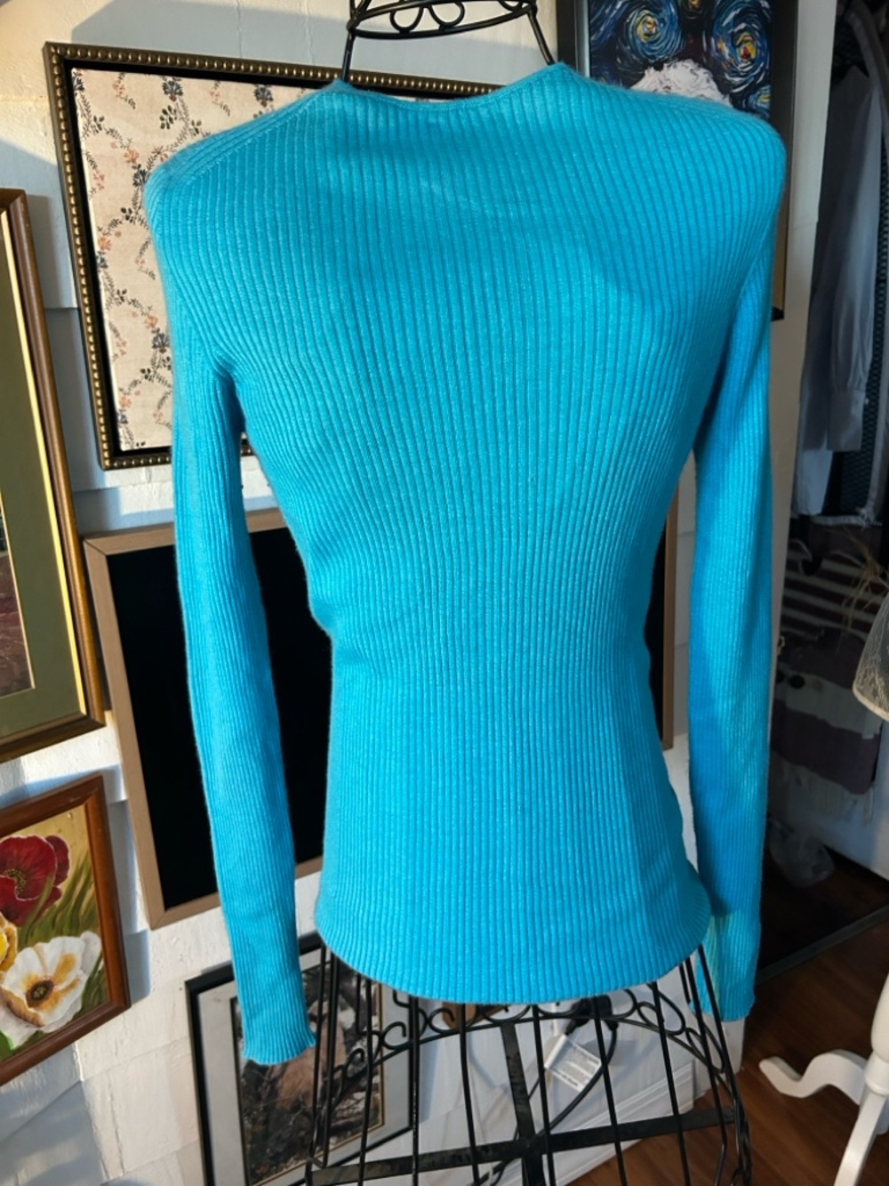 Light Blue Ribbed Long-Sleeve Women's Sweater Cardigan